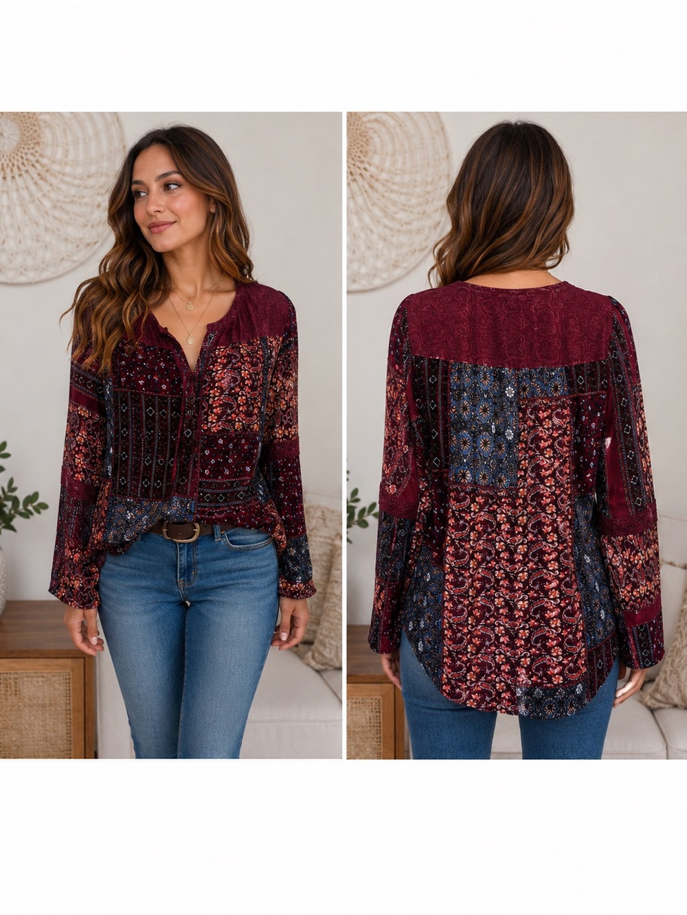 s usar:

Myshee Burgundy Lace Paisley Boho Blouse Size Small